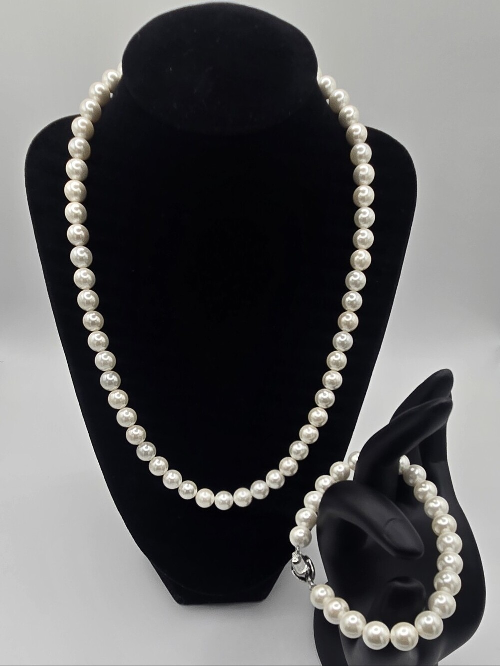 Sterling Sliver Faux Glass White Pearl Necklace and Bracelet Set